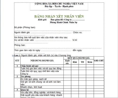 mẫu đánh giá