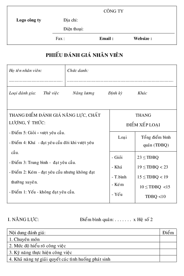 mẫu đánh giá nhân viên