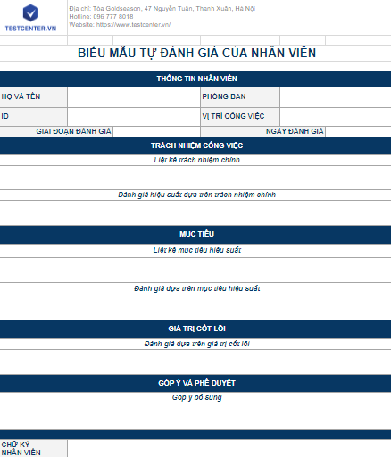 Form tự đánh giá của nhân viên