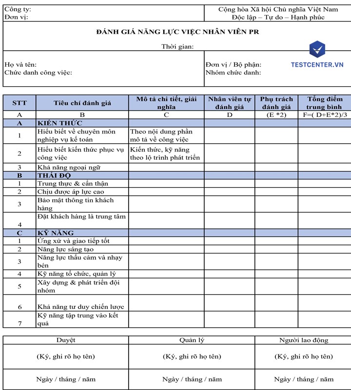 Form năng lực nhân viên PR