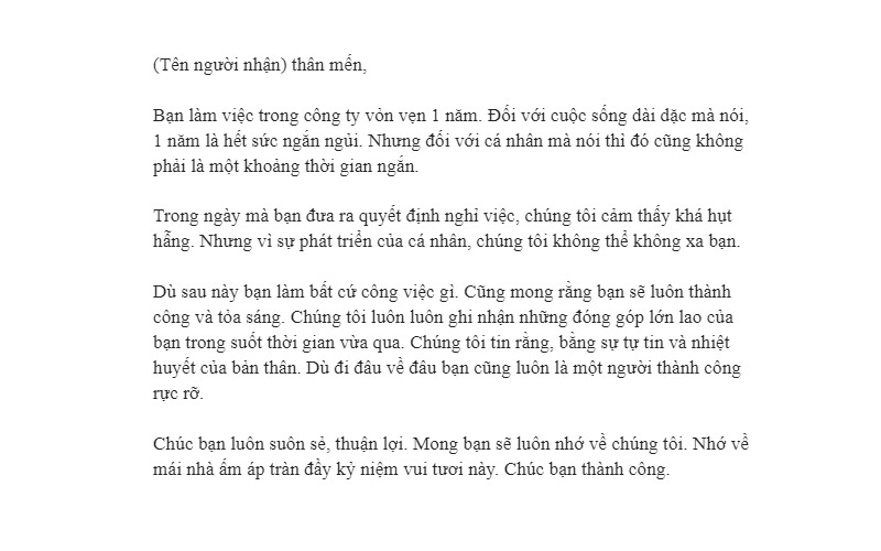 Mẫu thư cảm ơn nhân viên làm việc ngắn hạn