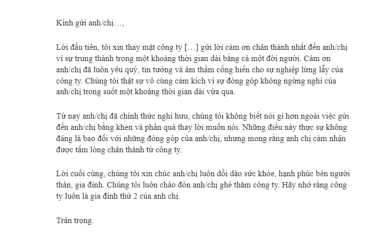 Mẫu thư cảm ơn nhân viên về hưu